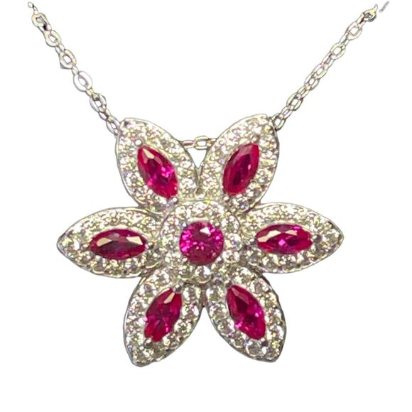 Created Ruby Cubic Zirconia Flower Pendant Necklace Sterling Silver - Picture 4 of 8